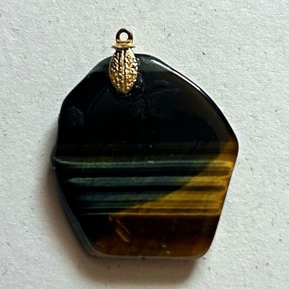Tiger's Eye Hexagon Amulet Pendant Brown Black Gemstone Gold-Tone Bail